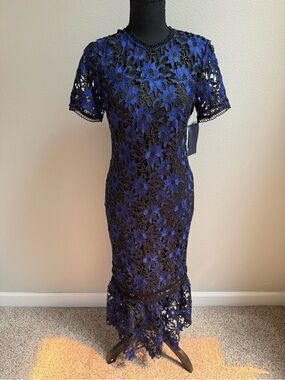 Shoshanna Black & Blue Floral Lace Midi Dress